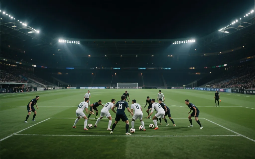 现代足球战术示意，球员形成紧凑阵型进行高位压迫与短传配合，夜间灯光球场