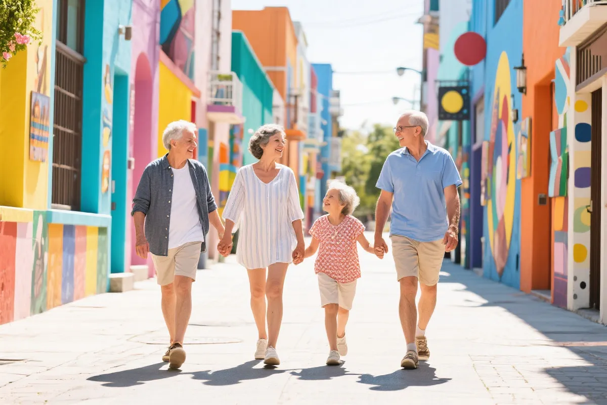 多人同行在迈阿密街区与餐厅休憩的温暖场景